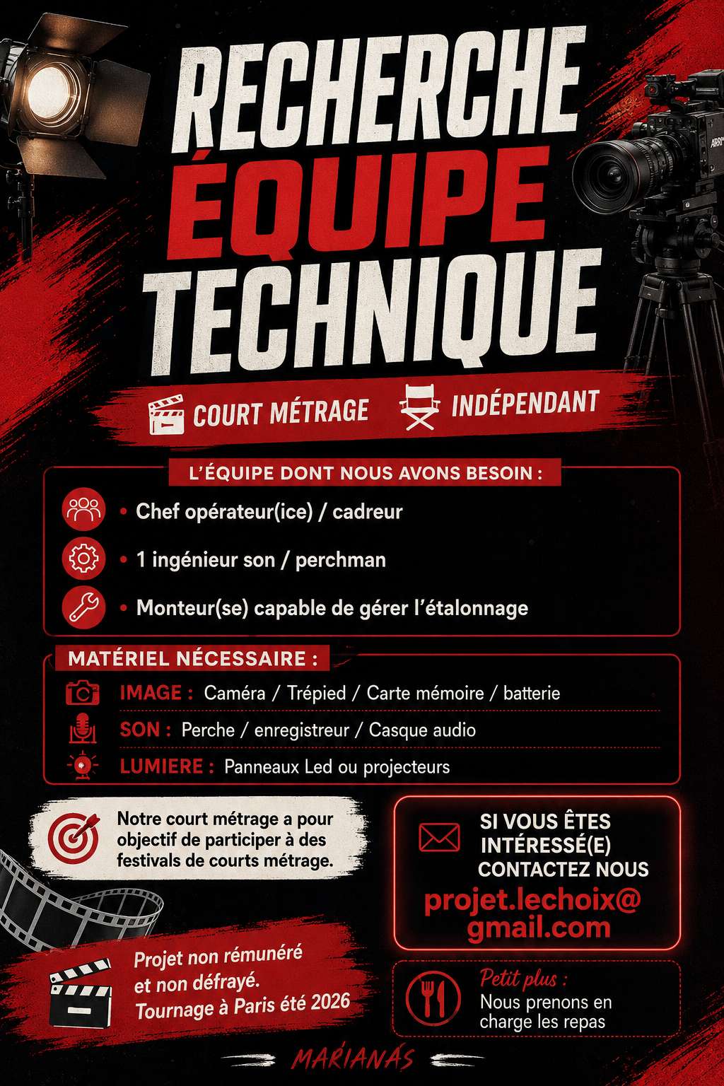 Court métrage recherche équipe technique